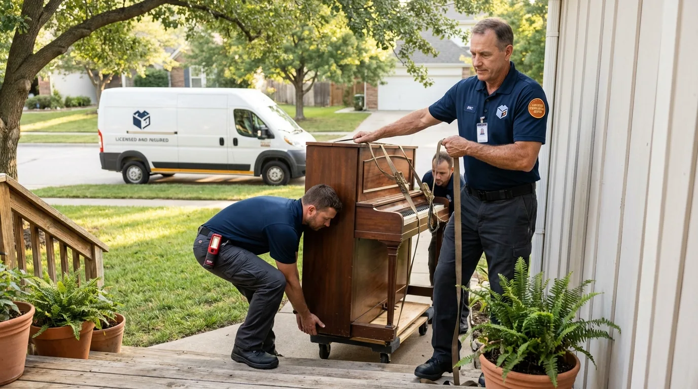 Licensed piano movers securing grand piano in Athens, MI