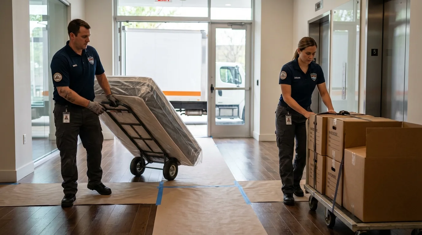 Professional apartment movers loading elevator in Athens, MI